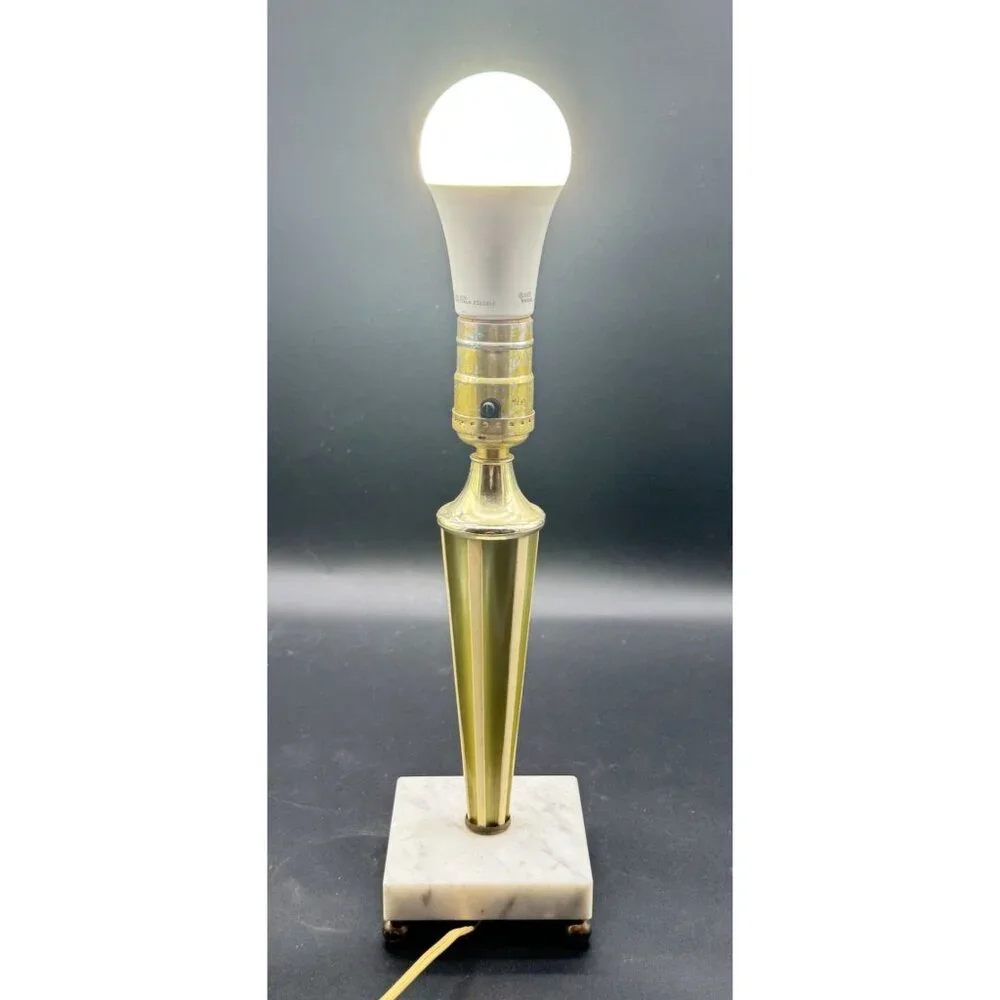 Vintage MCM Green & Cream Marble Base Table Lamp Working 11